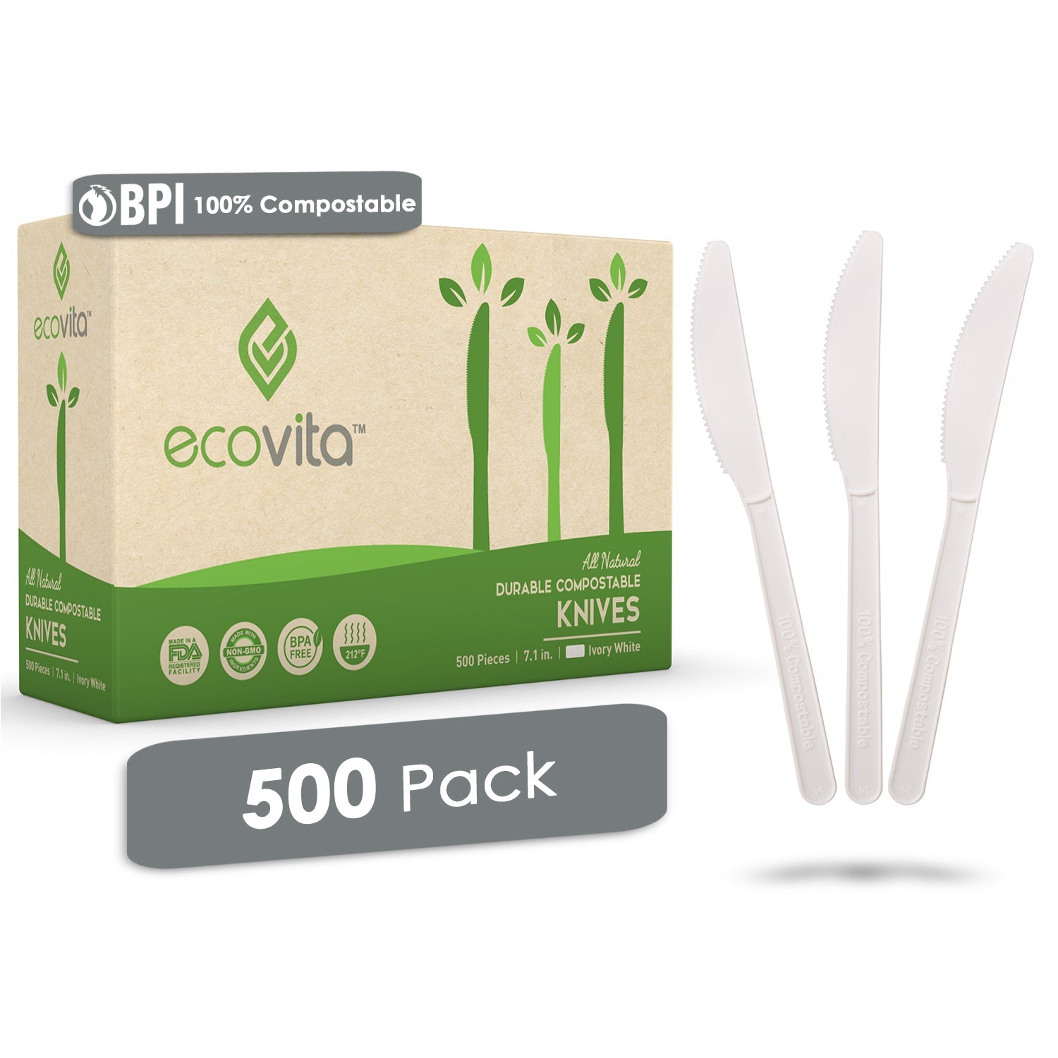Velnoxhome  Compostable Plant-Based Cutlery Set, BPI Certified Eco-Friendly Disposable Knives with Tray