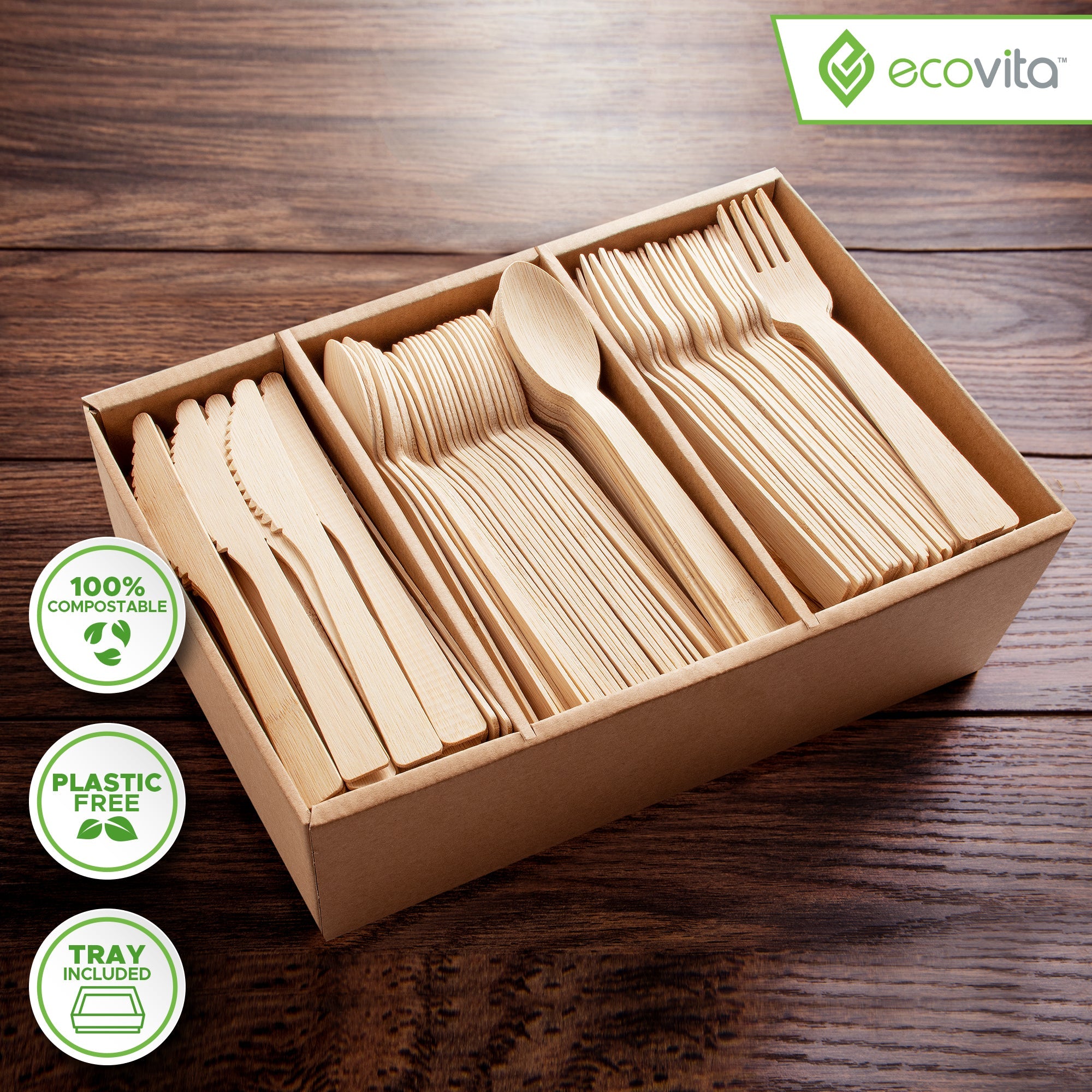 Velnoxhome Compostable Bamboo Cutlery Set, 380-Piece Premium Disposable Utensils with Tray