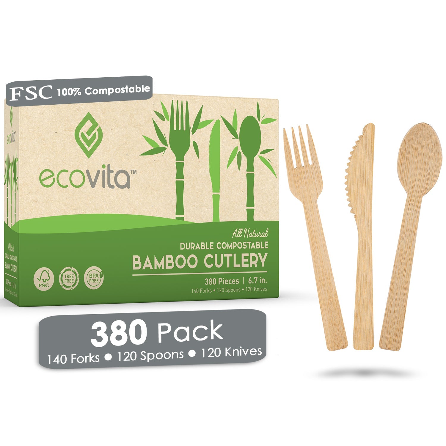 Velnoxhome Compostable Bamboo Cutlery Set, 380-Piece Premium Disposable Utensils with Tray