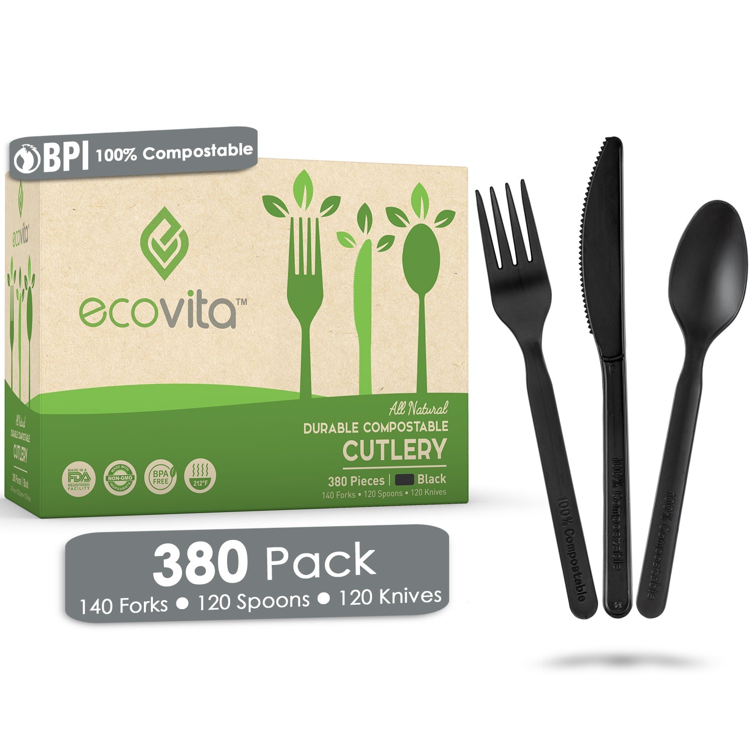 100% Compostable Forks Spoons and Knives - 380 Piece Eco Cutlery Combo Set - Eco Friendly Alternative to Plastic Silverware