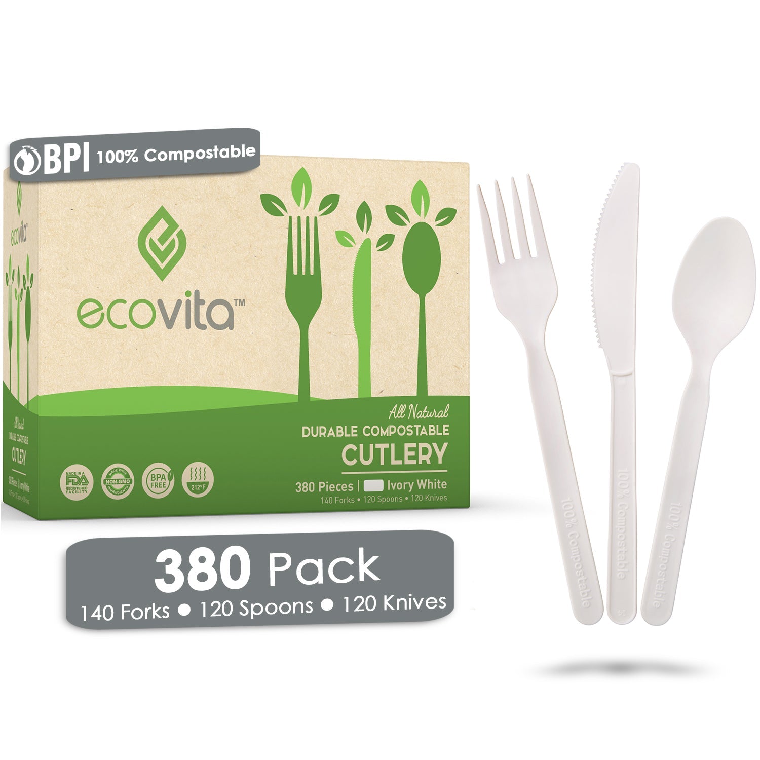 100% Compostable Forks Spoons and Knives - 380 Piece Eco Cutlery Combo Set - Eco Friendly Alternative to Plastic Silverware