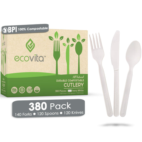 100% Compostable Forks Spoons and Knives - 380 Piece Eco Cutlery Combo Set - Eco Friendly Alternative to Plastic Silverware