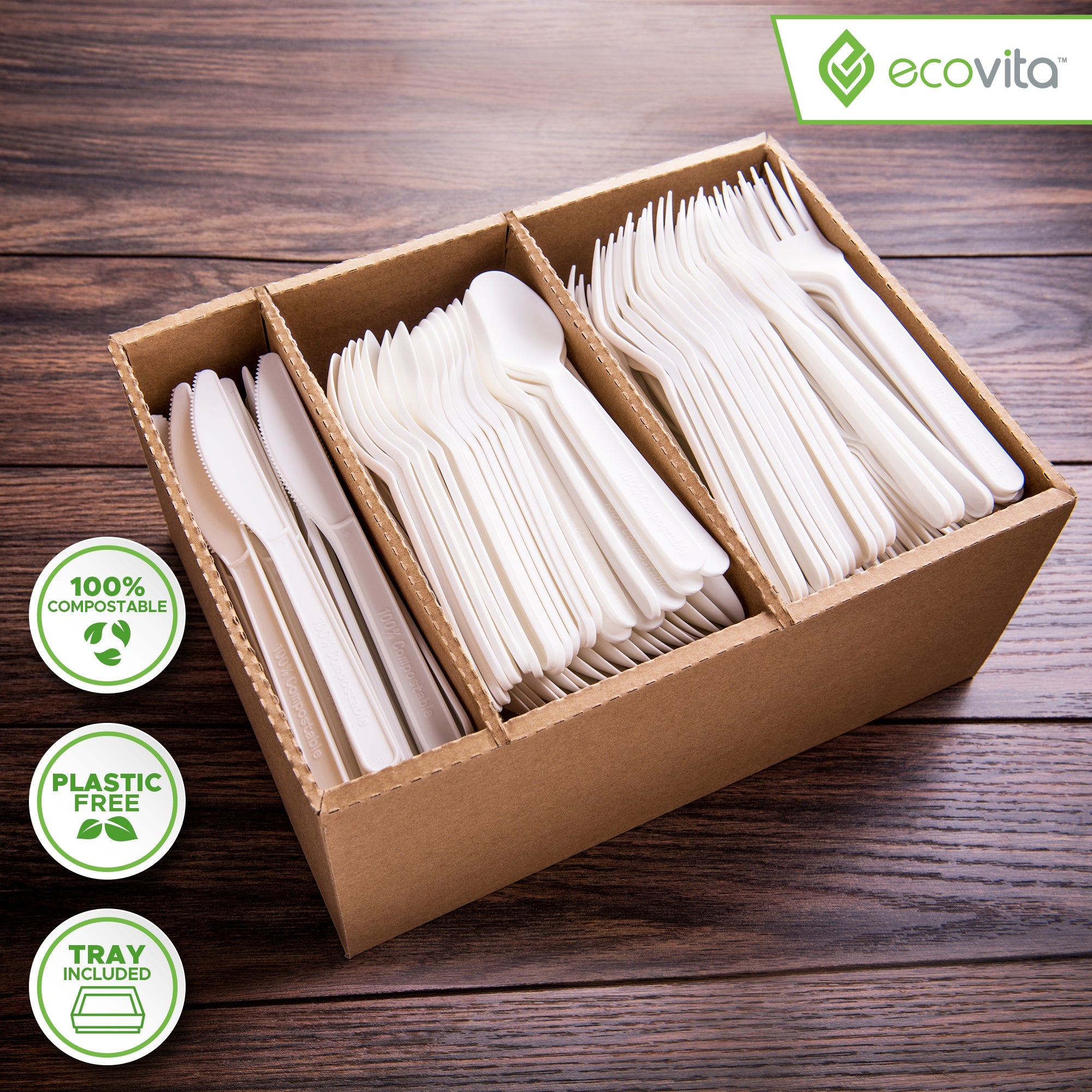 100% Compostable Forks Spoons and Knives - 380 Piece Eco Cutlery Combo Set - Eco Friendly Alternative to Plastic Silverware