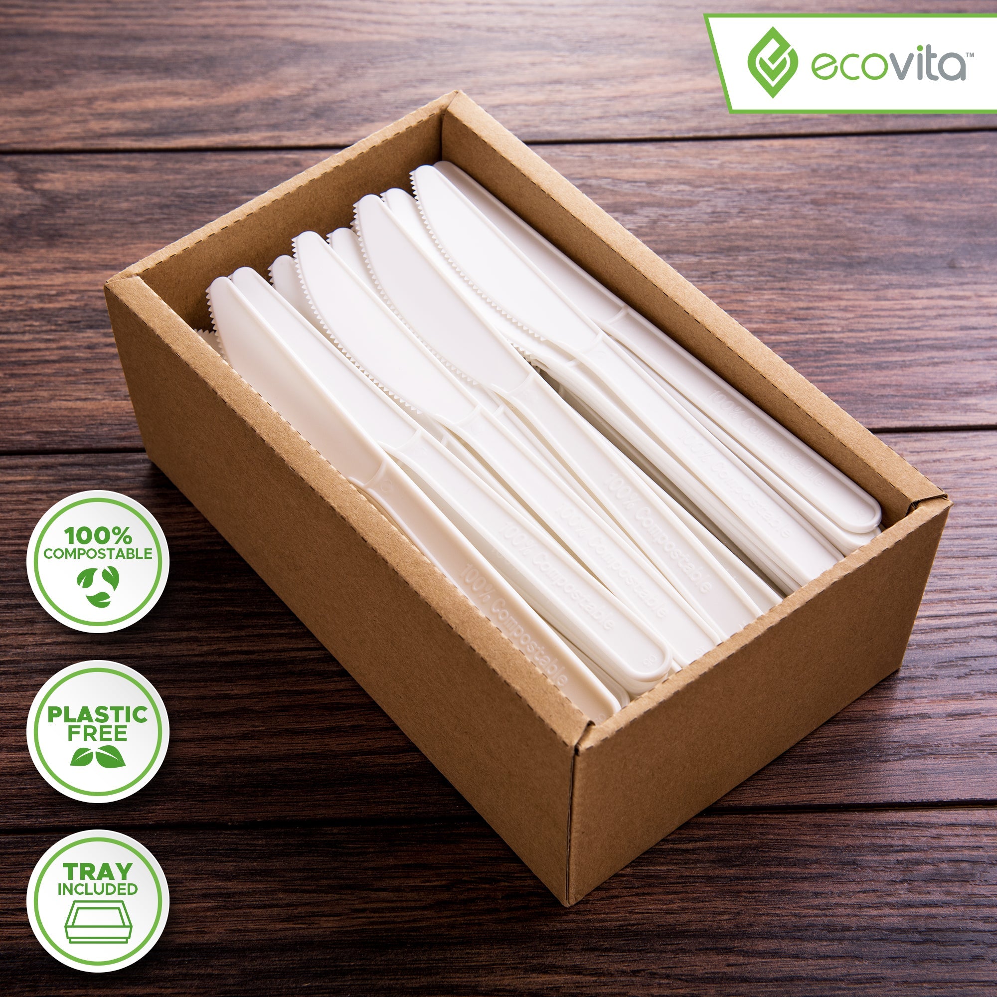 Velnoxhome  Compostable Plant-Based Cutlery Set, BPI Certified Eco-Friendly Disposable Knives with Tray