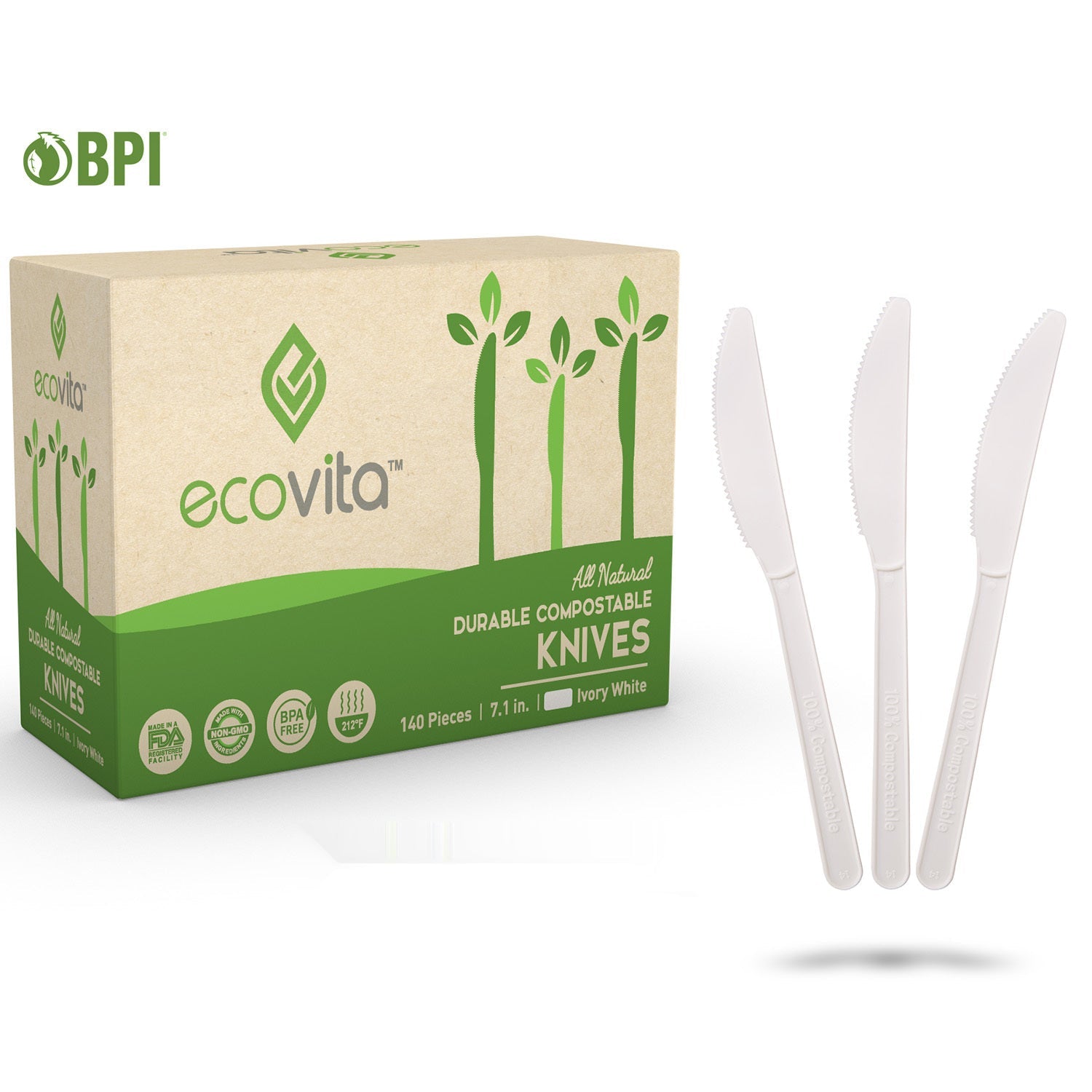 Velnoxhome  Compostable Plant-Based Cutlery Set, BPI Certified Eco-Friendly Disposable Knives with Tray